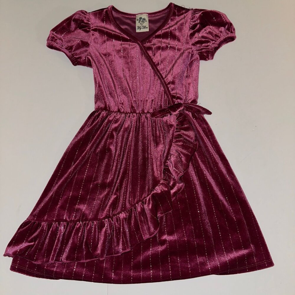 GIRLS LILY BLEU VELOUR RUFFLE WRAP Easter DRESS SPARKLY Pink SILVER SIZE 8